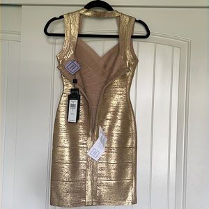 NEW Herve Ledger Bandage Dress- GOLD/ NUDE